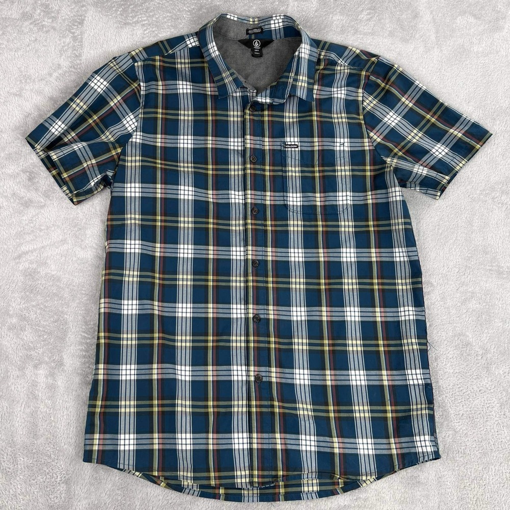 Volcom Modern Fit Plaid Short Sleeve Button Up Shirt L Blue Mens Skate Surf